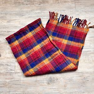 Merino Wool Plaid Scarf Red Blue Orange Amicale Fringe Winter Soft Vintage 63x11